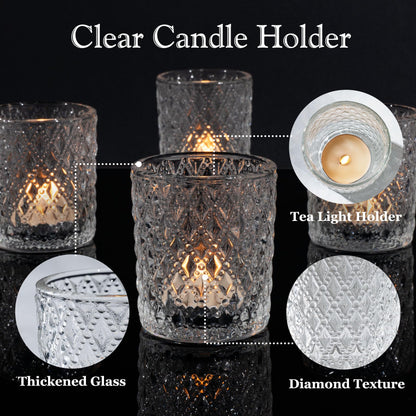 Romcanmy 12Pcs Votive Candle Holders, 2x2.5in Clear Glass Candle Holder with Embossed Diamond for Table Centerpieces, Elegant Small Crystal Tea Light Holders for Wedding Birthday Party Chirstmas Decor