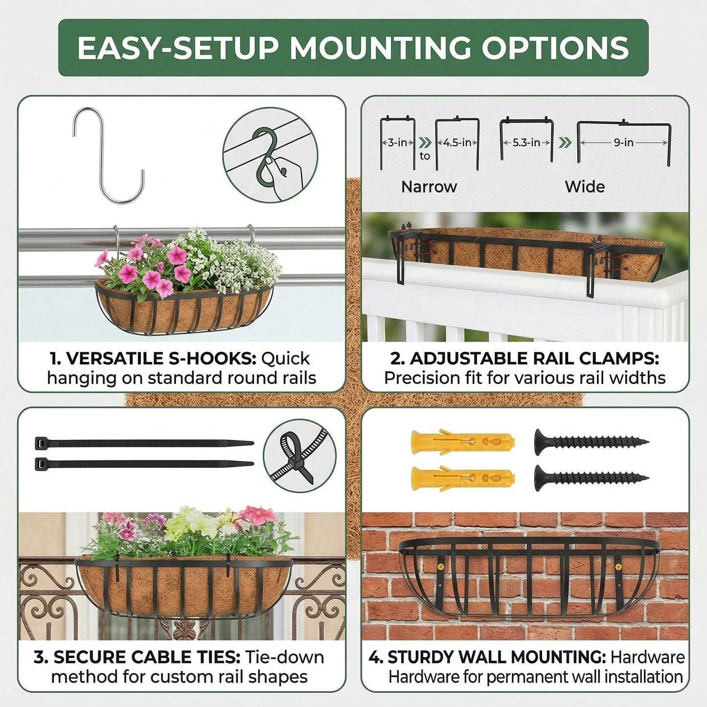 ZVOWOS 2 Pack 36" Railing Planter Window Box with Coco Fiber Liner Horse Trough Planter The Railing Planter Boxes for Deck Porch Fence Outdoor