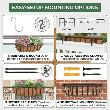 ZVOWOS 2 Pack 36" Railing Planter Window Box with Coco Fiber Liner Horse Trough Planter The Railing Planter Boxes for Deck Porch Fence Outdoor
