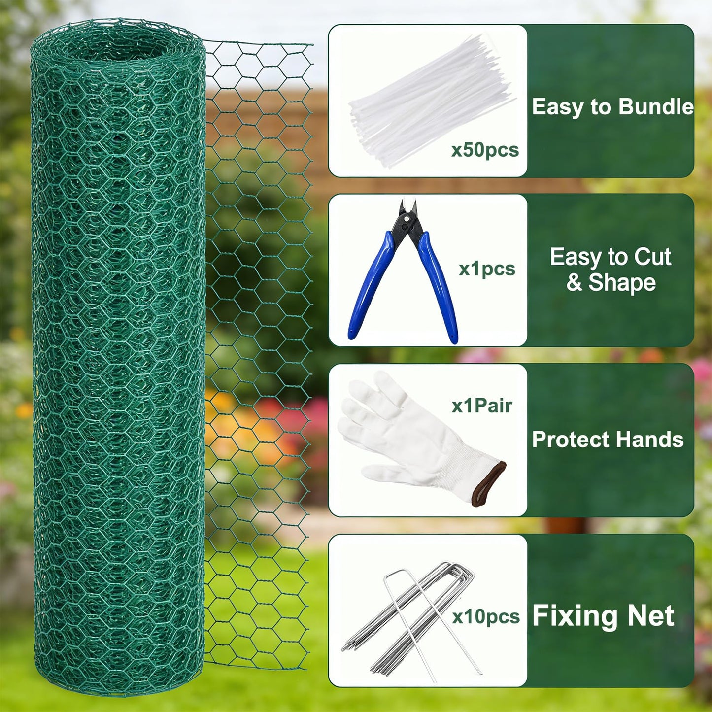 Chicken Wire Mesh,16.4 Ft x 15.4In Plant Protectors from Animals,Coated Green Chicken Wire Mesh,Stakes,Pliers,Gloves,Outdoor Anti-Rust Garden Animal Barrier Fence for Chicken Coop Barrier Rabbit Cage