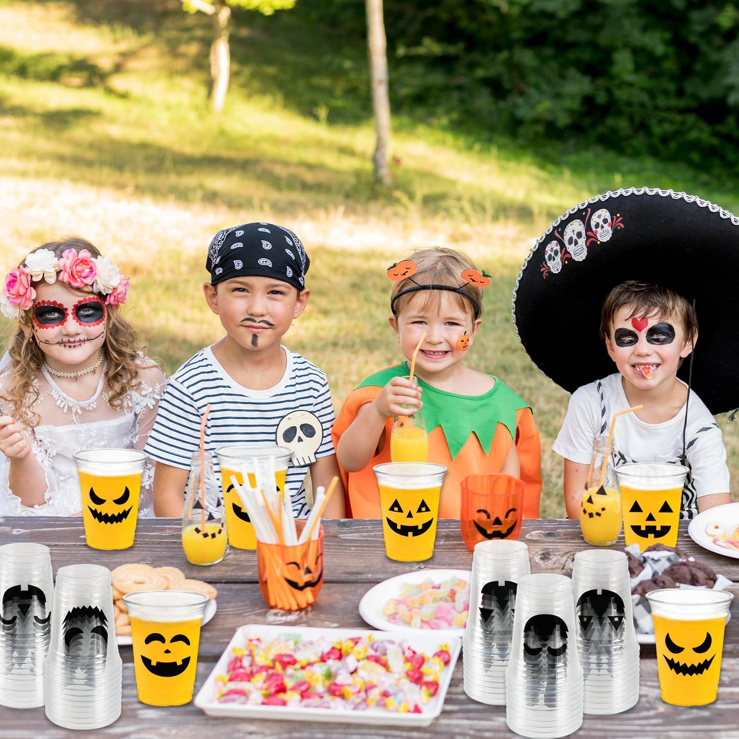 CUPLOOV 100 Pack Halloween Plastic Cups Clear 12Oz Disposable Pumpkin Cups With 5 Styles Patterns for Kids Adults Party Favors, Coffee, Wine, Hot and Cold Drinks