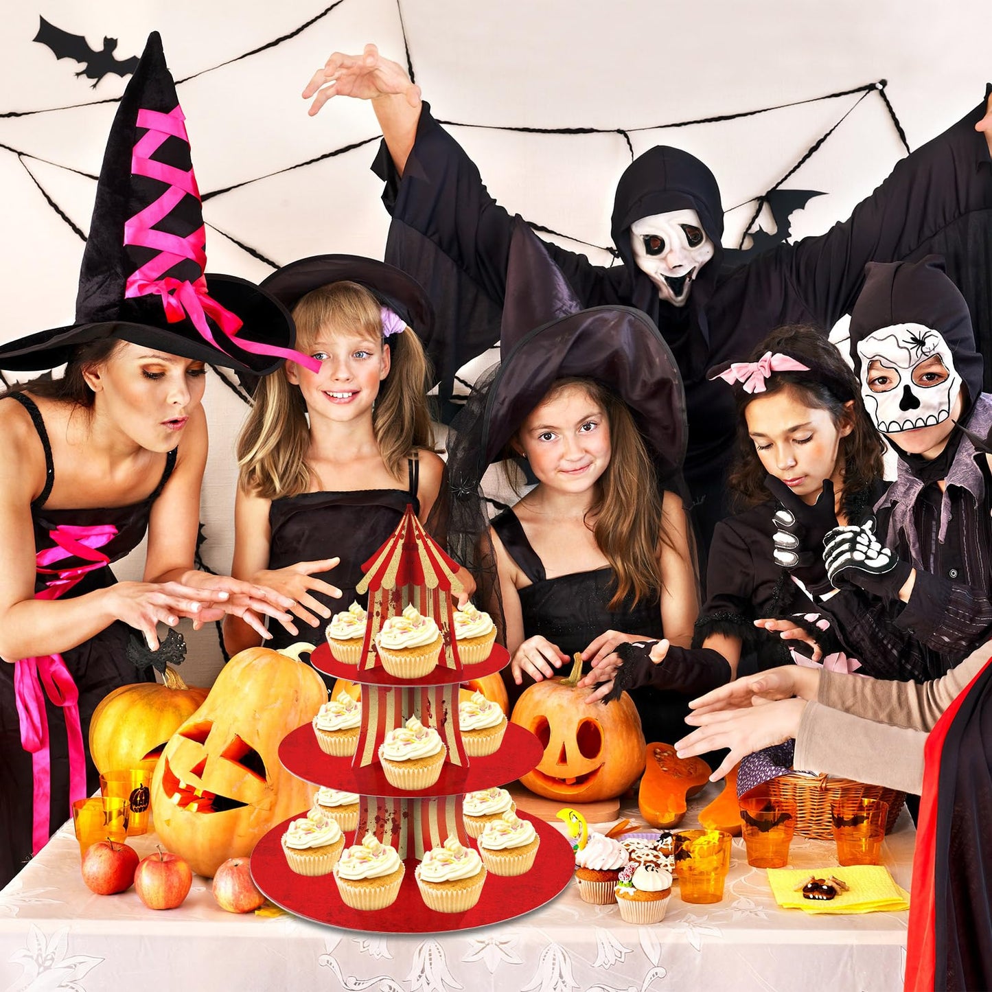 2Pcs 3-Tier Halloween Carnival Decoration Halloween Creepy Circus Cupcake Stand Evil Scary Circus Dessert Tower Stand Carnival Bloody Striped Cake Holder for Horror Movie Dinner Nights Party Supplies