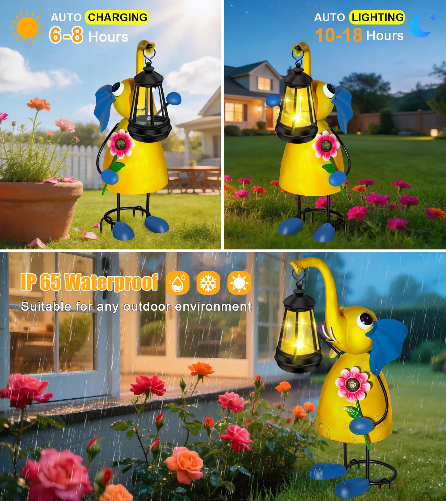 Solar Garden Lights Elephant Statue with Solar Lantern Lights,14.17in Tall Elephant Decor,Birthday Gifts for Women Mom Grandma,Big Metal Decorative Outdoor Figurine for Home Yard Art Patio,Porch,Lawn
