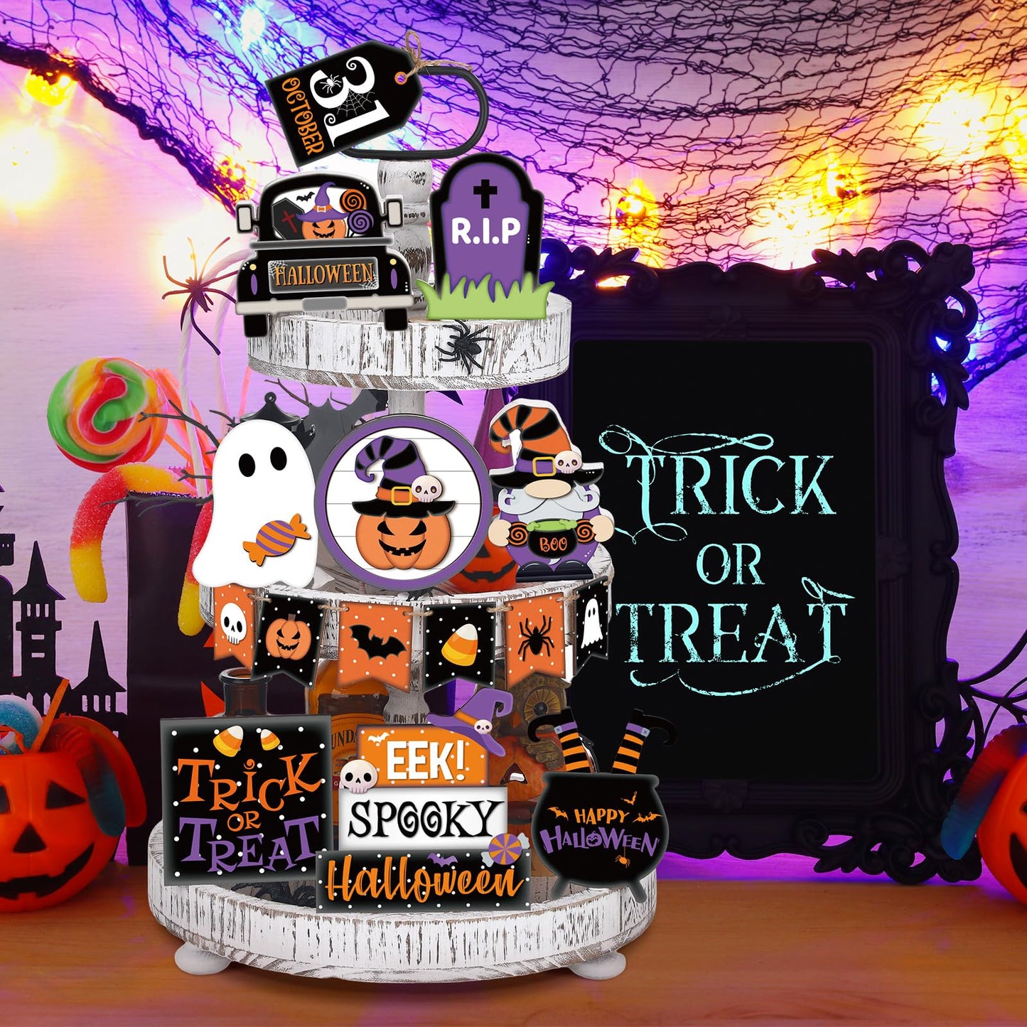 Umigy 15 Pcs Halloween Tiered Tray Decor Set Cute Ghost Tray Decorations Boo Halloween Wooden Signs Farmhouse Rustic Decoration for Home Table Party Supplies(Pumpkin)