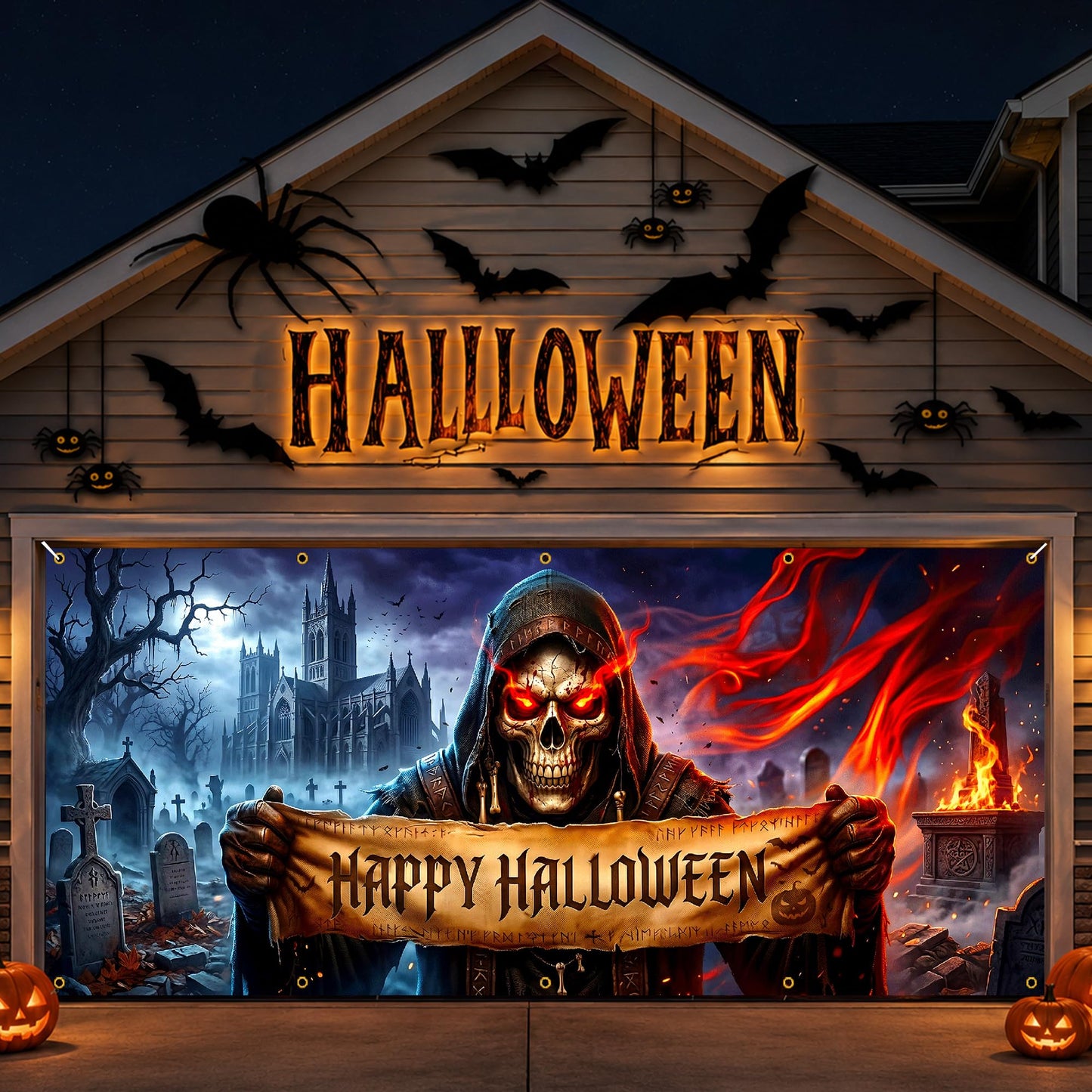Halloween Garage Door Banner 13x6 FT Outdoor Decoration, Large Spooky Yard Decor Backdrop, Weatherproof Easy Install for Halloween Party (Funny Witch Cat Door Scene, 6 x 13 ft)