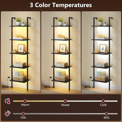 Tajsoon 5 Tier Ladder Shelf with Light, Wooden Wall Mounted Book Shelf, Ladder Bookshelf with Metal Frame, Wall Mounted Ladder Bookshelf for Office, Living Room, Bedroom, Black