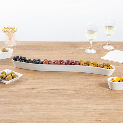 Restaurantware Swerve 14 Ounce Olive Plate 1 Curved Olive Tray - Small Chip Resistant White Porcelain Olive Canoe Dishwasher Safe For Snacks Condiments Or Appetizers