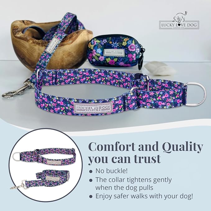 Lucky Love Dog Martingale Dog Collar & Leash - Adjustable, No-Slip, Durable, Comfortable, Soft Webbing, & Stylish Patterned Collar & Leash Set for Male and Female Dogs - Primrose Combo, Medium