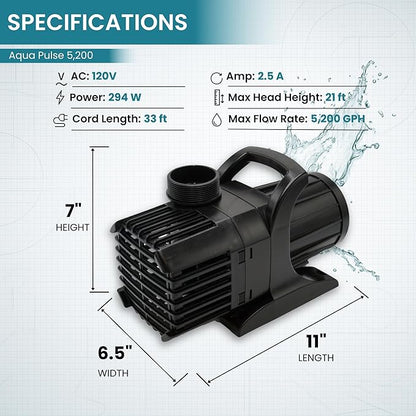 HALF OFF PONDS Submersible Water Pump, 5,200 GPH Pond Pump with 33FT Power Cord and 21FT Max Head, 294W Ultra Quiet Energy Efficient Pump for Koi Pond, Fountain, Waterfall, Water Garden, Skimmer