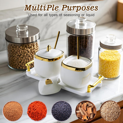 EABOSON Ceramic Sugar Bowl 2 Pack, Porcelain Seasoning Jar with Tray, Spoon and Lid for Sugar, Pepper, Coffee, Spice, Salt (Gold)