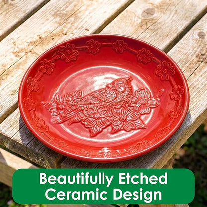 Red Ceramic Bird Bath Bowl - Hanging Bird Baths for Outdoors - 12-Inch Glazed Ceramic Bowl with Embossed Cardinal & Dogwood Design - Metal Chain & Hook
