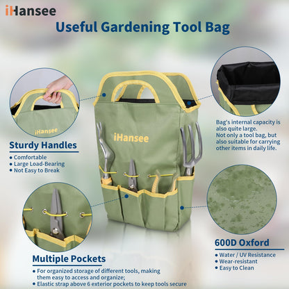 Set of 12 Garden Tool, iHansee Heavy-Duty Aluminum Gardening Hand Tools with Rubber Non-Slip Handle, Garden Apron, Gloves, Kneeling Pad and Storage Bag, Garden Hand Tools Starter Kit Landscaping Tools