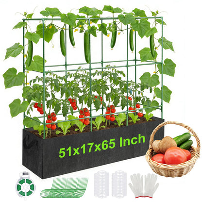 51x17x65Inch Tomato Cage with 46 Gallon Grows Bag, Squar Outdoor Indoor Greenhouse Cucumber Trellis, Garden Trellis with Plant Support Clips for Climbing Plants Squash, Vegetables, Pumpkin, Pea, Grape