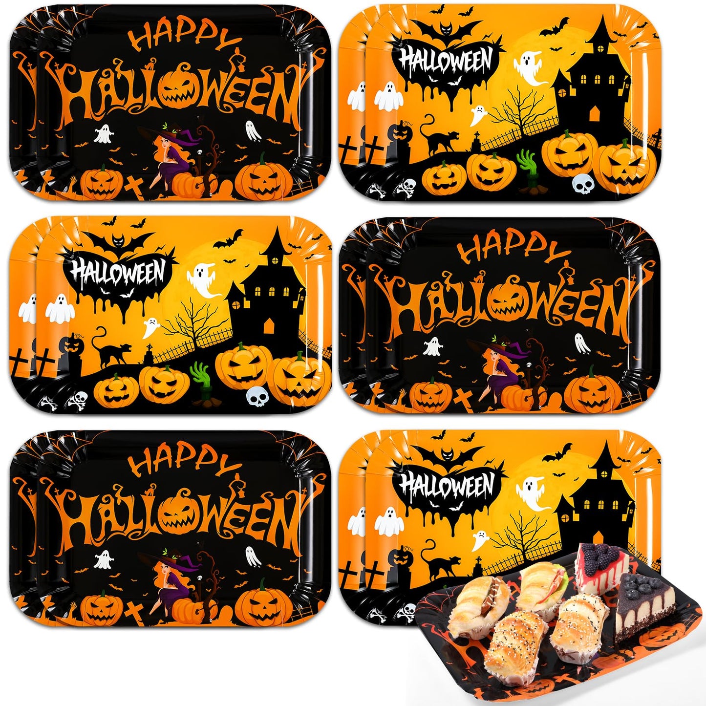 Maitys 12 Pcs Halloween Serving Trays 13 x 9 Inch Large Paper Food Trays Black Orange Pumpkin Bat Ghost Dessert Cupcake Platters for Halloween Movie Night Birthday Party Supplies Table Decorations