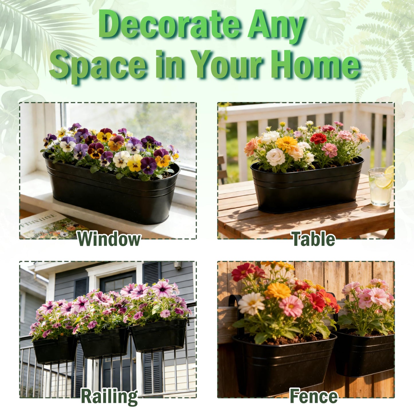 SYITCUN Metal Railing Planter Boxes 16 Inch, 3-Pack Adjustable Hanging Flower Pots for Balcony, Deck, Porch & Fence, Detachable Hook Design, Black Heavy Duty Planters for Outdoor