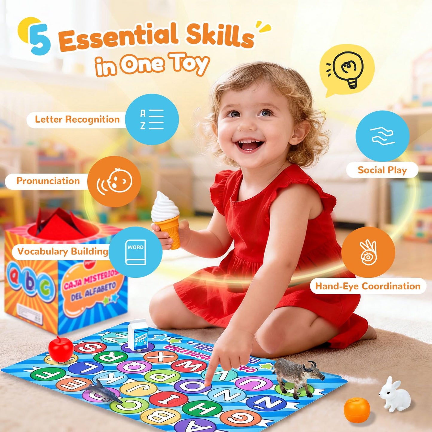 JoyCat Spanish Mystery Alphabet Box - Caja Misteriosa del Alfabeto for Kids, 27 PCS Spanish Letters & Sounds Sorting Game, Fine Motor Learning Toys for Preschool, Kindergarten, Easter Basket Stuffers