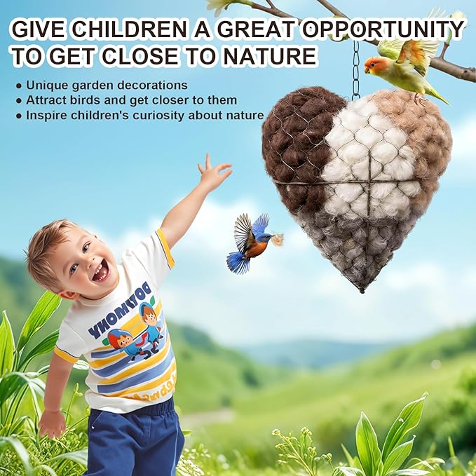 Handmade Alpaca Fiber Heart-Shaped Bird Nesting Material Holder | Winter Shelter for Wild Birds | Charming Hummingbird House and Outdoor Garden Art Gift for Bird Lovers