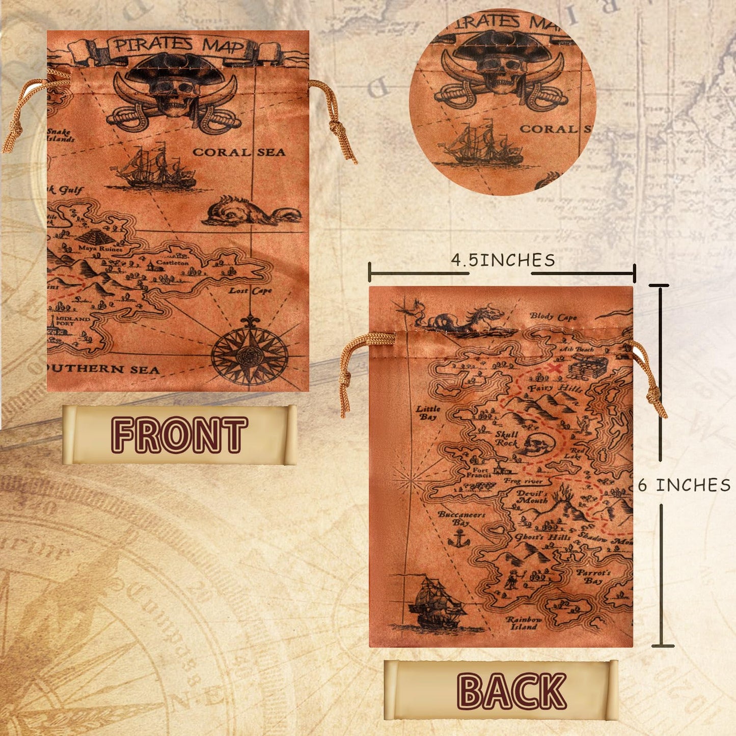 RICHNESS 16pcs Pirate Party Favor Bags Treasure Map Bag with Drawstring Closure Satin Party Loot Bags 4.5X6 Inches Goodie Bags