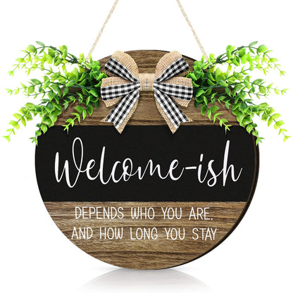 Jetec Welcome Sign for Front Door Hanging Wooden Plaque with Artificial Leaves Round Rustic Wood Farmhouse Wreath Porch for Housewarming Home Front Door Decor, 12 Inch(Classic Foliage,Retro Style)