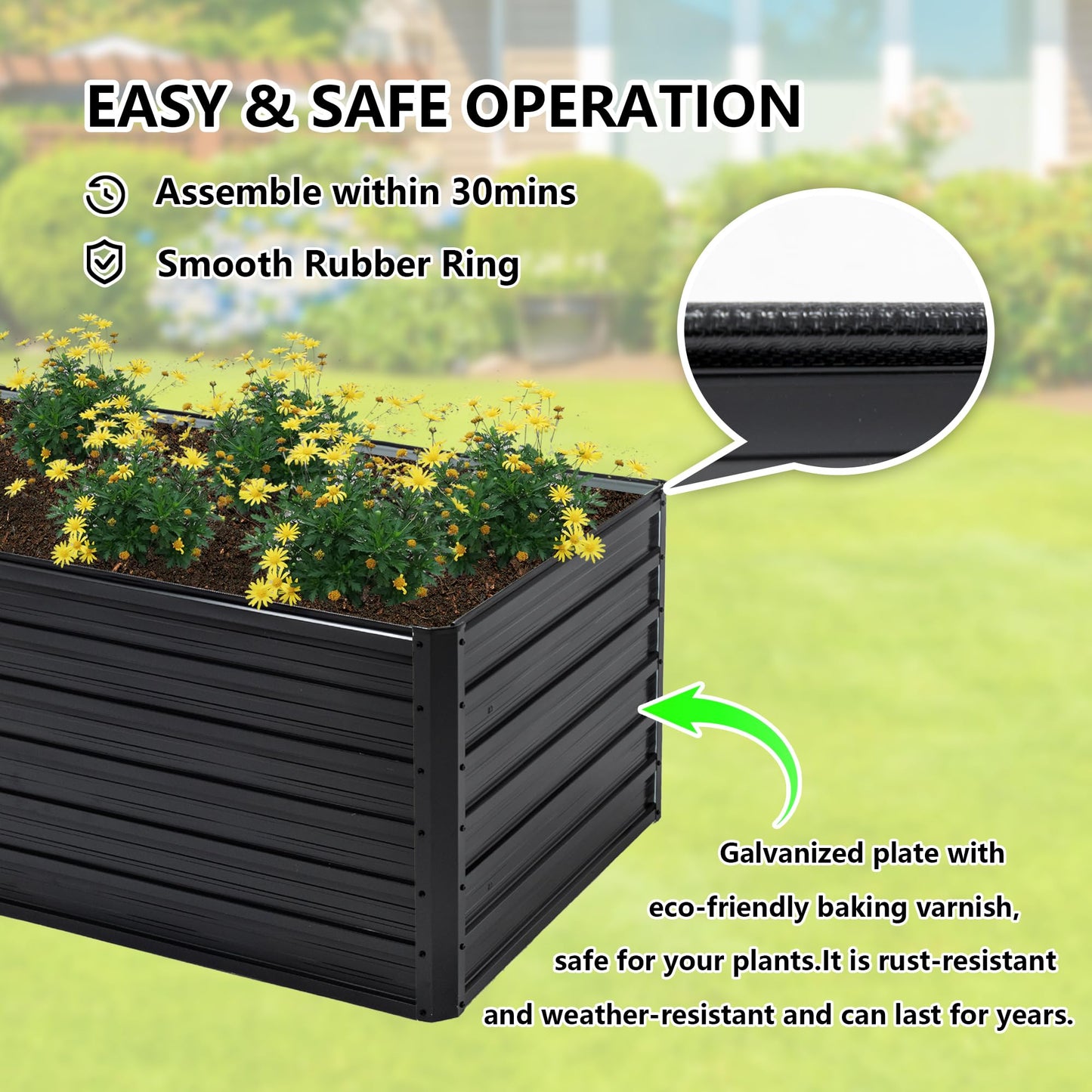 Thanaddo Galvanized Raised Garden Bed 6x3x2ft Outdoor Planter Box Galvanized Steel Garden Bed Kit for Vegetables, Flowers, Herbs and Succulents Black