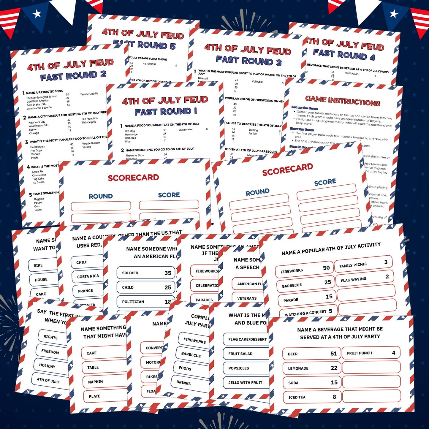 Humyoun 4th of July Friendly Feud Game with 2 Answer Buzzers, Independence Day Feud Cards for Family Game Night Fun Trivia Quiz for Party Office Class Groups Team Building (Red White Blue, Patriotic)