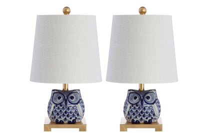 JONATHAN Y 16" Blue/White Ceramic Owl Mini Table Lamp for Bedroom or Office, Modern Farmhouse Nightstand Lamp with White Linen Shade, LED Bulb Included (JYL3014A-SET2)