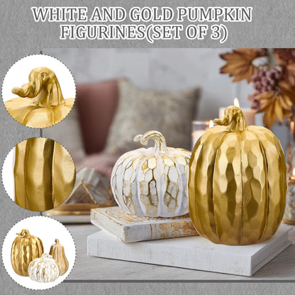 VioraWhite 3 Pack Fall Decor White and Gold Resin Figurine Thanksgiving Table Artificial Decorations for Autumn Harvest Indoor Home Farmhouse Kitchen(Pumpkin)