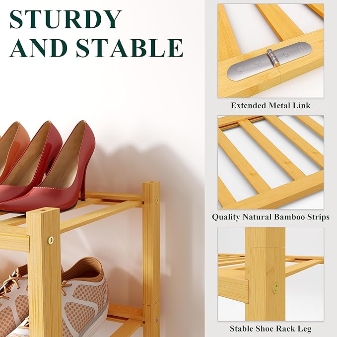 Smiry Bamboo Shoe Rack, 4 Tier Free Standing Wooden Shoe Organizer, Stackable Wood Shoe Storage Shelf for Closet, Entryway, 12 Vertical Slats, 2+2 Stack Standard Legs, 26.8"x11"x26", Natural