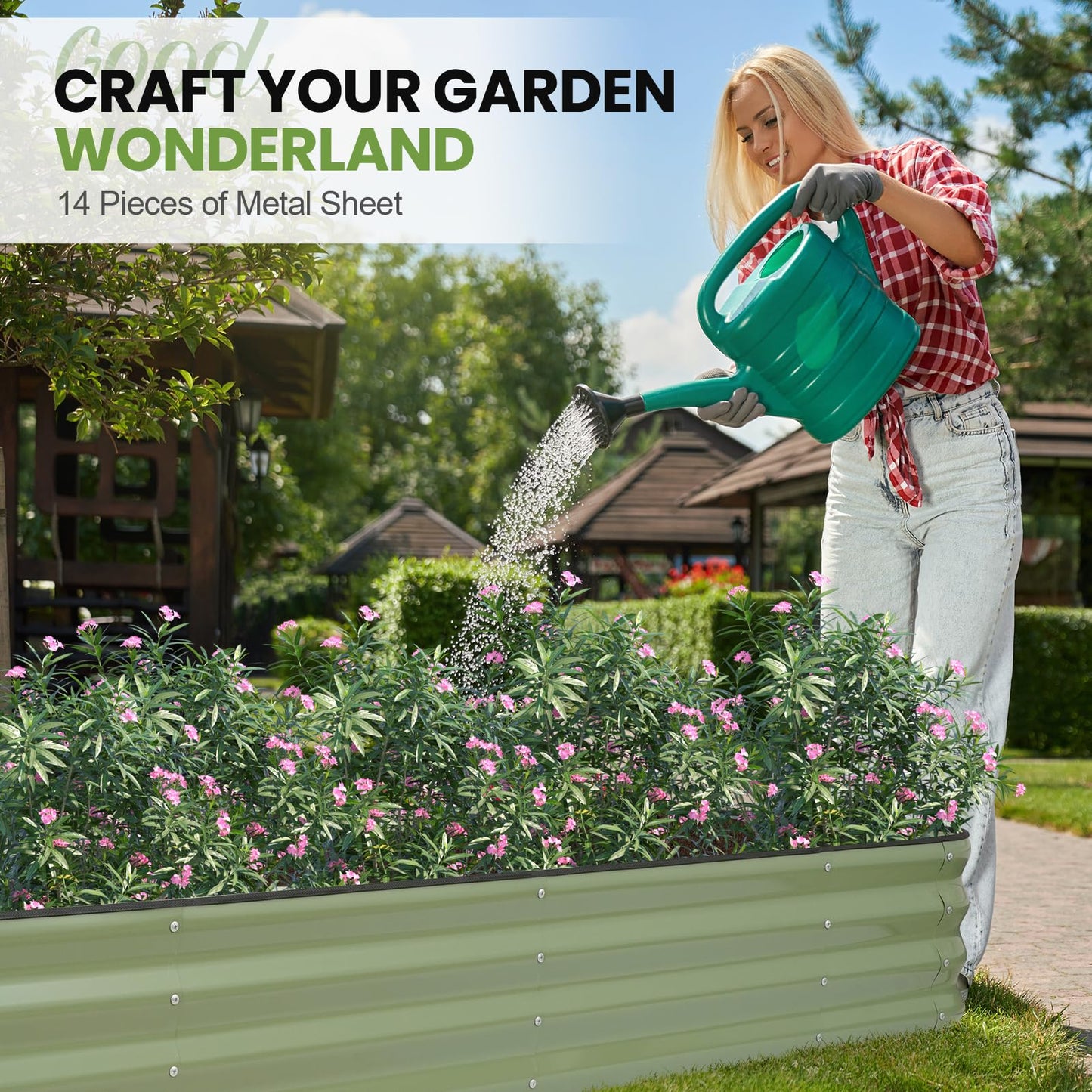 5-in-1 Adjustable Raised Garden Bed Kit | Galvanized Planter Boxes for Vegetables, Flowers | 12" Tall, Multiple Sizes (8x3x1ft, 9x2x1ft, 10x1x1ft, 6x5x1ft, 7x4x1ft) | Outdoor Metal Raised Bed, Green
