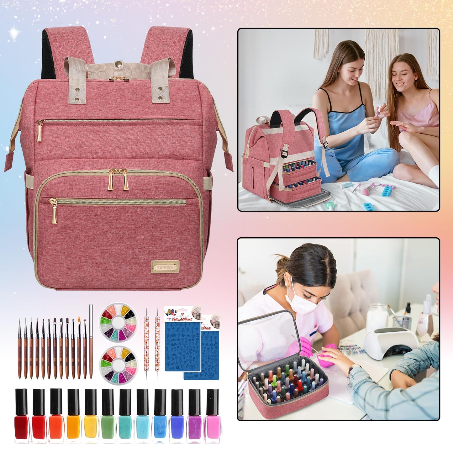 LTINVECK Nail Polish Organizer Case Backpack Holds 70 Bottles (15ml/0.5fl.oz)& Nail Lamp, 2 Layers Detachable Nail Kit Storage Case, Large Travel Nail Supplies Shoulder Bag for Manicure Tools (Pink)