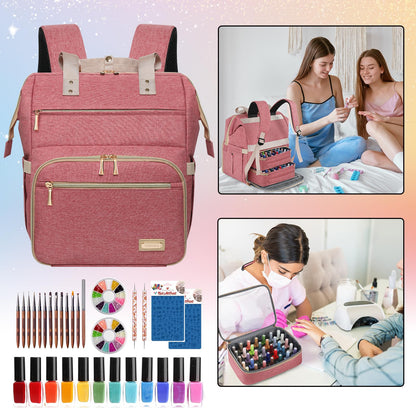 LTINVECK Nail Polish Organizer Case Backpack Holds 70 Bottles (15ml/0.5fl.oz)& Nail Lamp, 2 Layers Detachable Nail Kit Storage Case, Large Travel Nail Supplies Shoulder Bag for Manicure Tools (Pink)