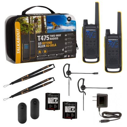 Motorola T470 Talkabout Two Way Radios, Long Range Emergency Rechargeable Waterproof Walkie Talkies 22 Channel, 35 Mile outdoor Black Yellow, 2 Pack