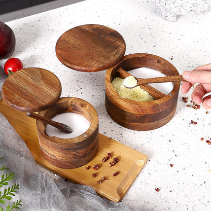 RAETTER.LY Acacia Wood Salt and Pepper Bowl, Nature Wood Salt Cellar and Spices Storage Box With Built-in Spoon and Magnetic Swivel Lid (Single Compartment 6.5 oz)