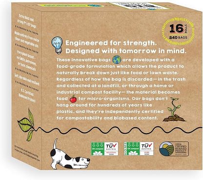 Compostable Dog Poop Bags I 240 Bags I Made in USA I Completely Biodegrades 90 Days After Use I 100% Plant Based I Eco-Friendly I Extra Strong, Leak Proof, 9”x12”, Premium Thickness