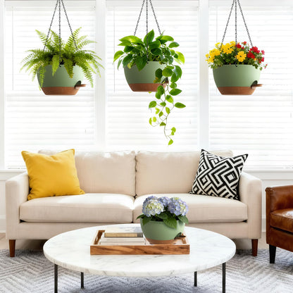 UOUZ Set of 3-10 Inch Self Watering Hanging Planters for Indoor & Outdoor，Hanging Plant Pots with Drainage & Removable Tray, Hanging Pots Holder for Ivy, Ferns, Balcony & Patio, Green and Brown