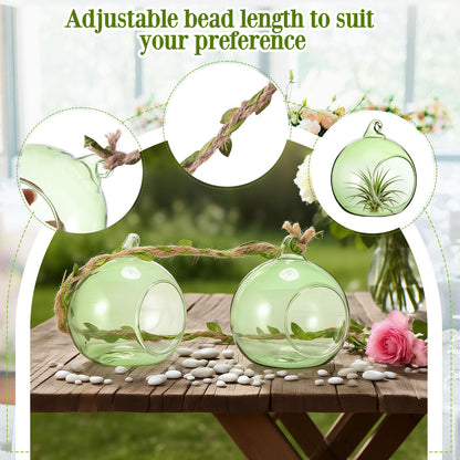 GlikCeil 13 Pcs 3.15'' Hanging Glass Candle Holder with Burlap Leaf Ribbon, Glass Orbs Air Plants Tea Light Candle Holders, Globe Plant Terrariums for Decor Indoor Outdoor Garden DIY (Green)