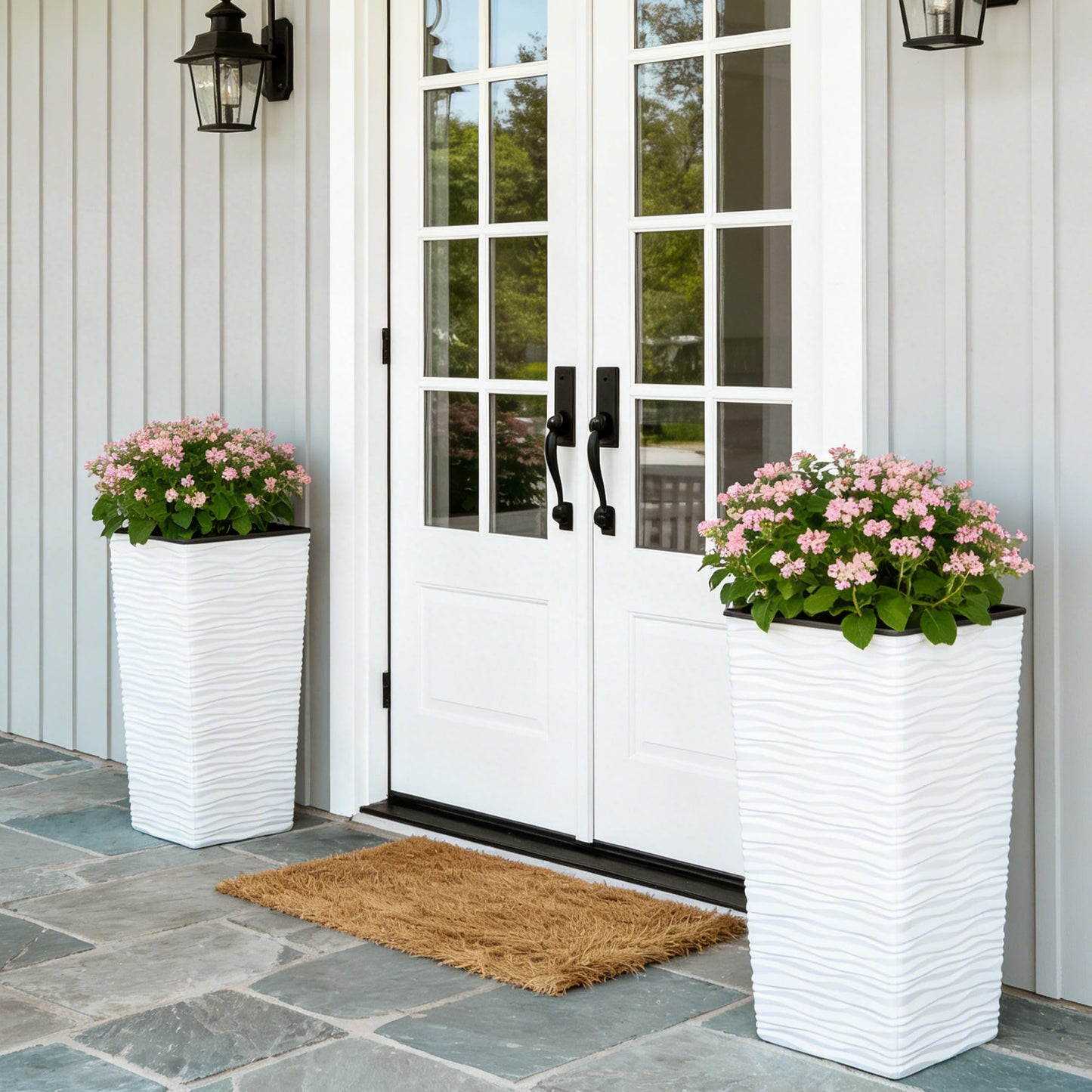 Worth 2 Pack 22" Tall Plastic Square Tapered Planter with Inside Pots for Indoor or Outdoor Use, Modern Wavy Finish for Front Porch or Deck, White