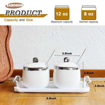 EABOSON Ceramic Sugar Bowl 2 Pack, Porcelain Seasoning Jar with Tray, Spoon and Lid for Sugar, Pepper, Coffee, Spice, Salt (silver)