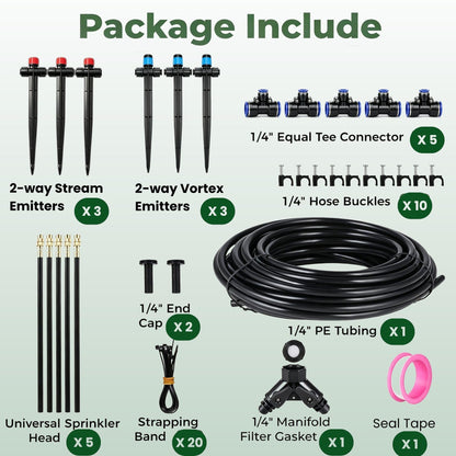 50FT Drip Irrigation System for Starter: Small Garden Quick Connect 1/4" PE Water Tubing Automatic 11Pcs Sprinkler Kit Adjustable Misting Part Watering Hose Outdoor Raised Bed Plants Flower Greenhouse