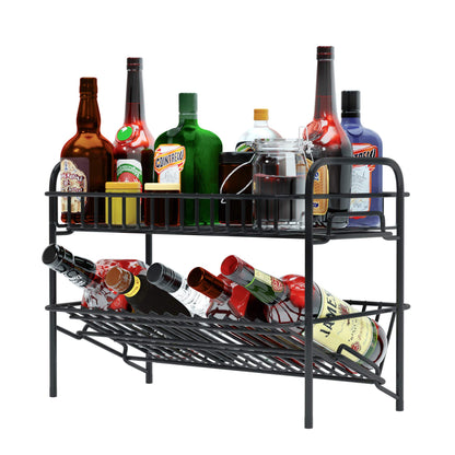 HengLiSam Spice Rack Organizer for Countertop, Heavy Duty Full Solid Metal Kitchen Shelves, 2 Tier Liquor Shelves Freestanding Holder Storage for Kitchen Cabinet Pantry Bottle Rack for Bathroom, Black