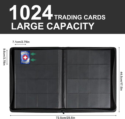GEAoffice 16 Pocket Trading Card Binder for 1000+ Cards, Ringless Side-Loading 4x4 Card Binder with Zipper Closure, PU Leather 1024 Card Binder for MTG/TCG/Baseball/Sports&Game Cards, Black