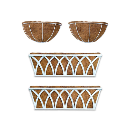 LalaGreen Bundle-2 Pack,24 Inch White Rectangular + 2 Pack,16 Inch White Metal Hanging Planter with Coco Liner, Window Deck Fence Rail Flower Pots,Farmhouse Wall Mount Balcony Porch Outdoor Basket Box