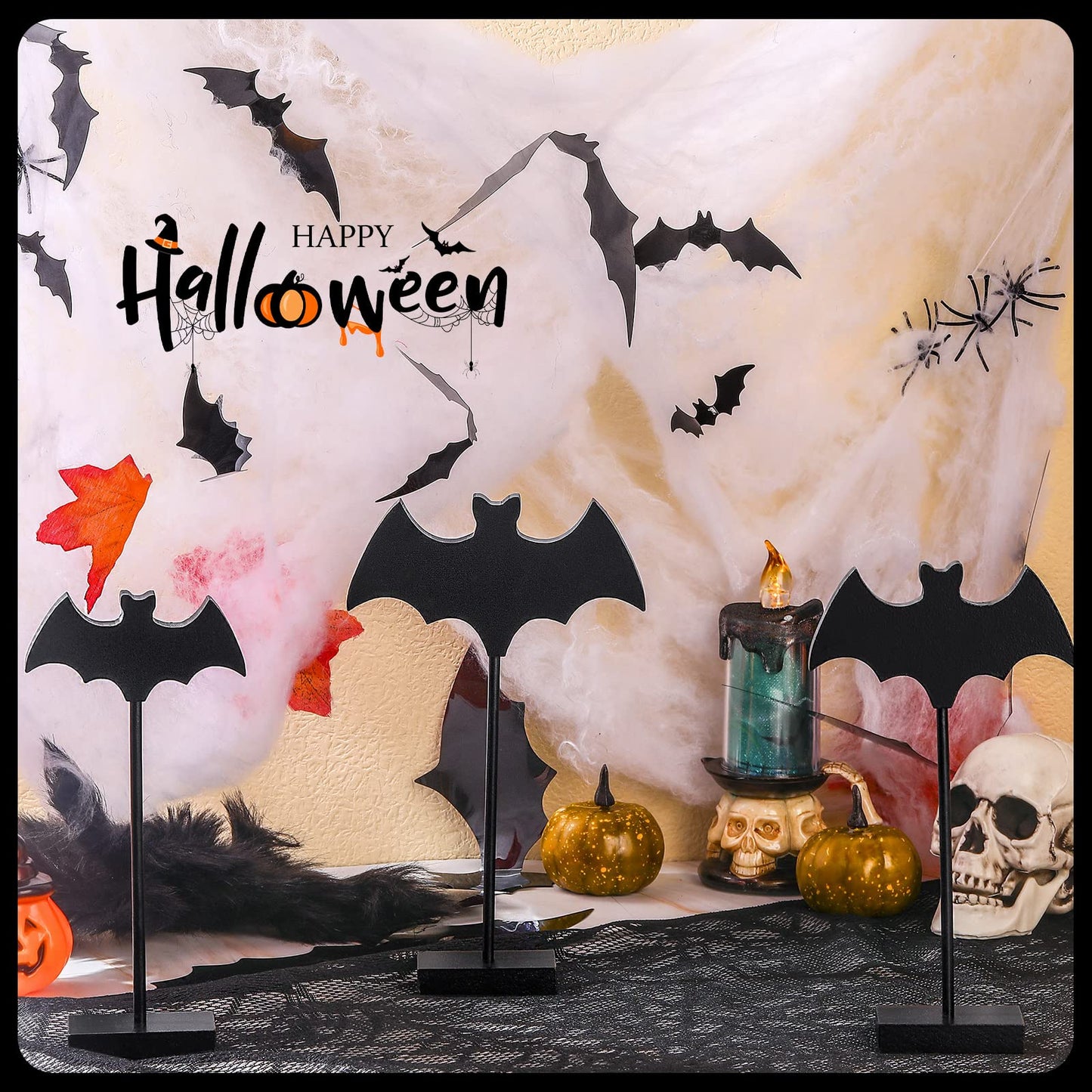 Shellwei 3 Pieces Halloween Wood Table Decor Bat Wooden Table Topper Sign Fall Tall Standing Wooden Centerpiece for Halloween Party Favor Home Room Decor(Black)