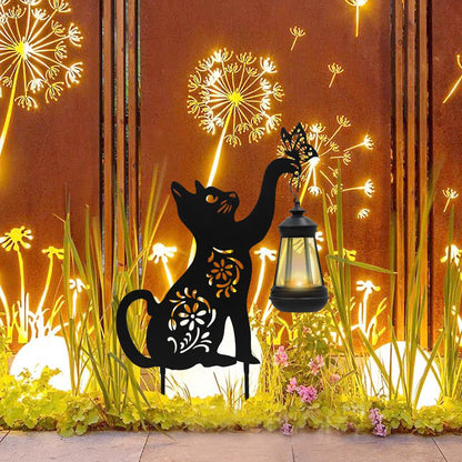 Black Cat Solar Light Outdoor Garden Decor - Metal Cat Holding Lantern Stake, Waterproof Solar-Powered Pathway Light for Yard Pathway Lawn Patio - Unique Gift for Halloween Christmas Garden Decor