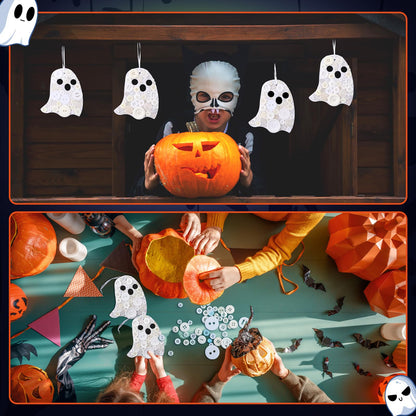 CraftyDream 12 Set Halloween Ghost Craft Kit Buttons Boo Halloween Ornament Craft Hanging Decoration for Horror Theme Party Favor DIY Home Activities