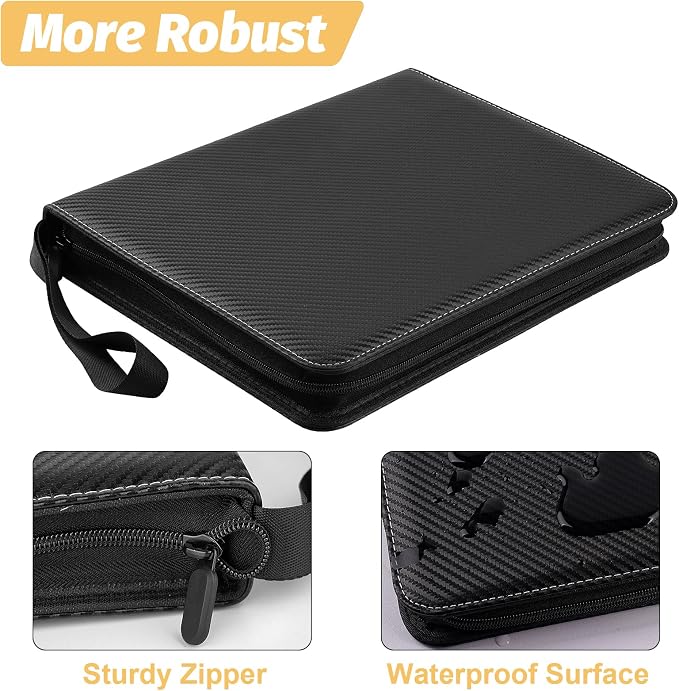 900 Pockets Round Ring Trading Card Binder, 9-Pocket Clear Zipper Card Album with Wrist Strap, Holds 900 Standard TCG & Sports Cards, Not Fit Top Loaders (Carbon Black)