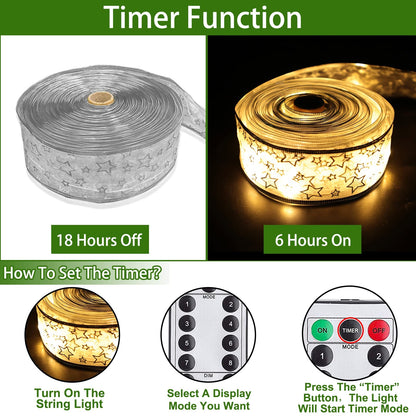TURNMEON Christmas Ribbon Lights - 40 Ft, 120 LED, Timer & Remote Control, Warm Lights, Silver Ribbon, Model TAS-TO-7-W-US1