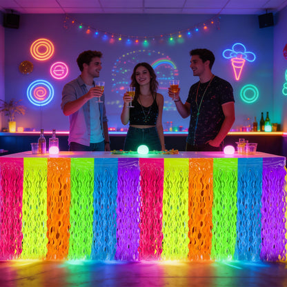 4 Pack Neon Tinsel Foil Fringe Table Skirts 108 x 29.5 Inch Glow in The Dark Party Table Decoration UV Reactive Fluorescent Wavy Tables Skirt for Glow Birthday Wedding Supplies Neon Party Decor