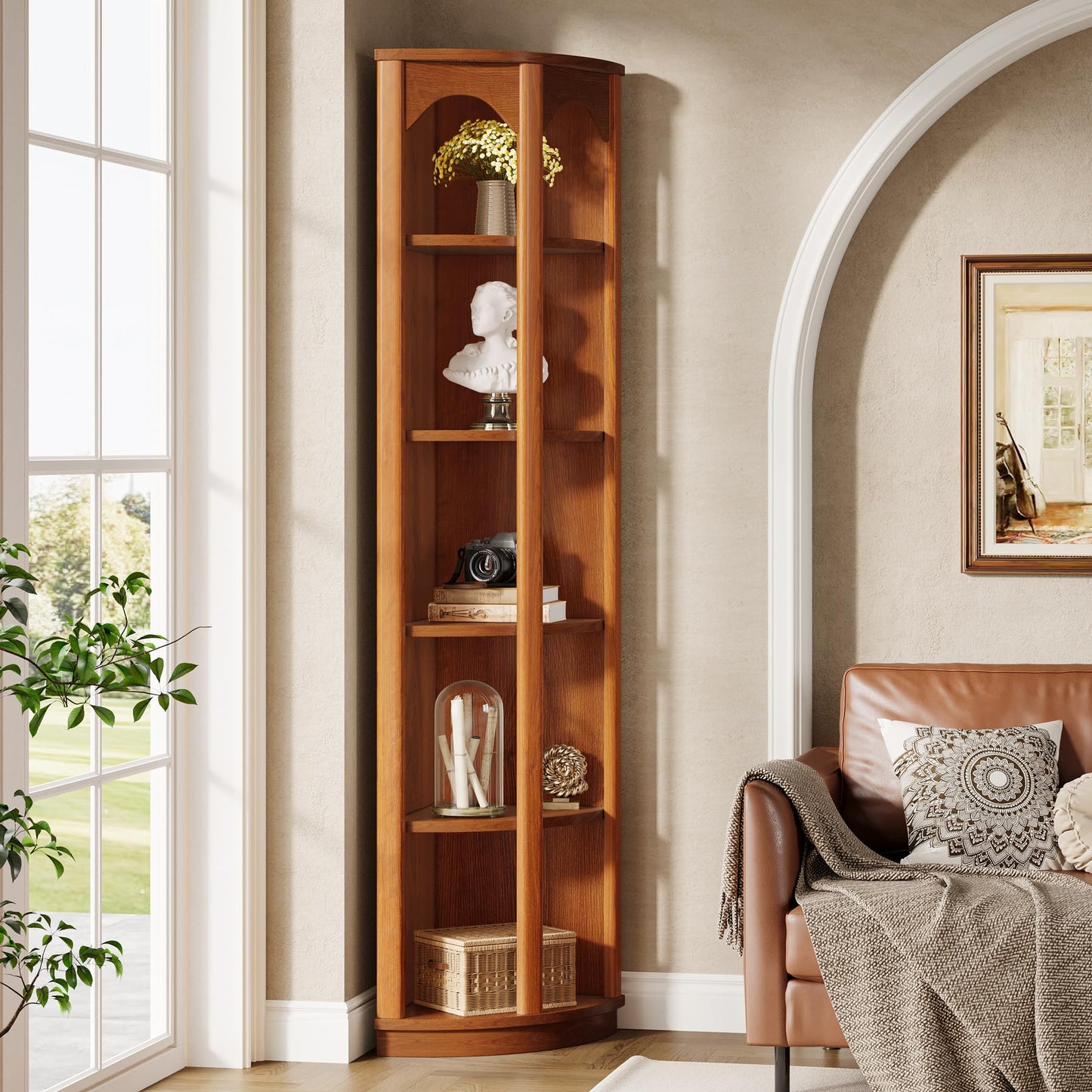 Tribesigns 5-Tier Corner Shelf, 67-Inch Tall Corner Bookshelf Bookcase with Unique Shape, Narrow Shelving Unit Storage Rack for Living Room, Home Office, Kitchen, Small Space