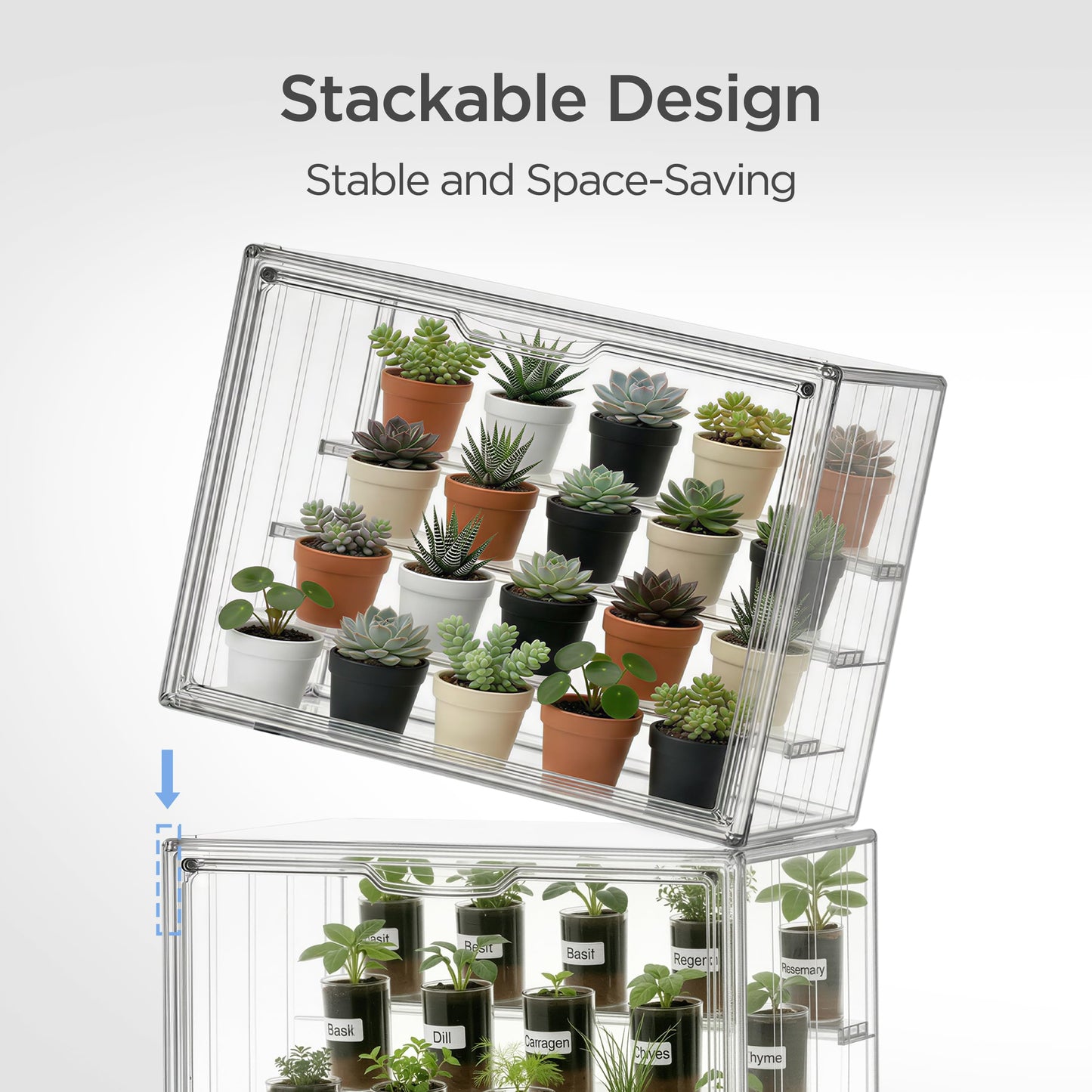 HBlife Mini Greenhouse for Indoor, Clear Stackable Green House with Magnetic Door & Adjustable Drainage Dividers, Tabletop Portable Greenhouse for Small Plants Nursery Germination and Display, 2 Pack